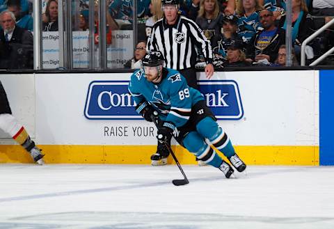 SAN JOSE, CA – MAY 06: Mikkel Boedker #89 of the San Jose Sharks skates with the puck against the Vegas Golden Knights in Game Six of the Western Conference Second Round during the 2018 NHL Stanley Cup Playoffs at SAP Center on May 6, 2018 in San Jose, California. (Photo by Rocky W. Widner/NHL/Getty Images) *** Local Caption *** Mikkel Boedker