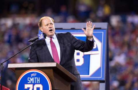 ORCHARD PARK, NY – SEPTEMBER 15: ESPN Commentator Chris Berman introduces Hall of Famer Bruce Smith for the retiring of his number during halftime of the game between the New York Jets and Buffalo Bills at New Era Field on September 15, 2016 in Orchard Park, New York. (Photo by Brett Carlsen/Getty Images)