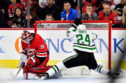 RALEIGH, NORTH CAROLINA – FEBRUARY 25: Alex Nedeljkovic #39 of the Carolina Hurricanes stops a shot by Roope Hintz #24 of the Dallas Stars during the second period at PNC Arena on February 25, 2020, in Raleigh, North Carolina. (Photo by Grant Halverson/Getty Images)