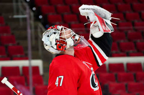 Jan 31, 2021; Raleigh, North Carolina, USA; Carolina Hurricanes goaltender James Reimer (47) celebrates after their shootout overtime win against the Dallas Stars at PNC Arena. Mandatory Credit: James Guillory-USA TODAY Sports