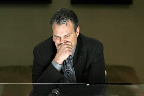 WINNIPEG, MB – JANUARY 7: General Manager Kevin Cheveldayoff of the Winnipeg Jets looks on from the press box during NHL action between the Jets and the Tampa Bay Lightning at the MTS Centre on January 7, 2014 in Winnipeg, Manitoba, Canada. (Photo by Jonathan Kozub/NHLI via Getty Images)