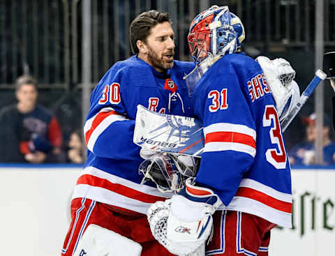 NEW YORK, NY – JANUARY 09: New York Rangers Goalie Henrik Lundqvist (30) congratulates New York Rangers Goalie Igor Shesterkin (31) following the National Hockey League game between the New Jersey Devils and the New York Rangers on January 9, 2020 at Madison Square Garden in New York, NY. (Photo by Joshua Sarner/Icon Sportswire via Getty Images)