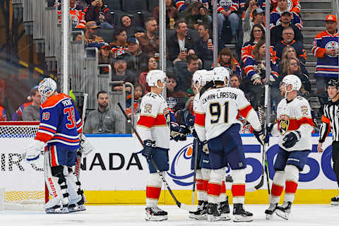 Dec 16, 2023; Edmonton, Alberta, CAN; The Florida Panthers celebrate a goal by forward Carter Verhaeghe (23) during the third period against the Edmonton Oilers at Rogers Place. Mandatory Credit: Perry Nelson-USA TODAY Sports