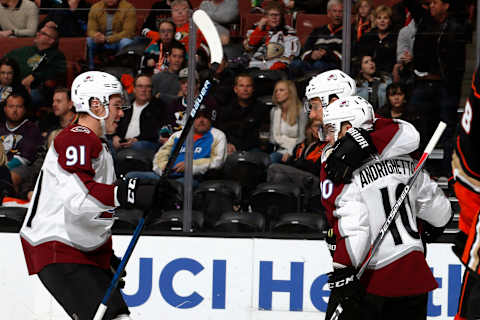 ANAHEIM, CA – NOVEMBER 18: Vladislav Kamenev #91, Sven Andrighetto #10, and Patrik Nemeth #12 of the Colorado Avalanche celebrate Andrighetto’s goal in the second period of the game against the Anaheim Ducks on November 18, 2018 at Honda Center in Anaheim, California. (Photo by Debora Robinson/NHLI via Getty Images)