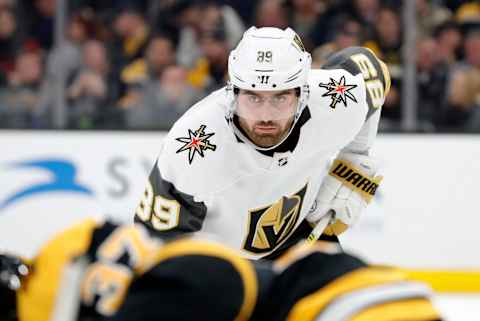 BOSTON, MA – JANUARY 21: Vegas Golden Knights right wing Alex Tuch (89) watches a face off during a game between the Boston Bruins and the Vegas Golden Knights on January 21, 2020, at TD Garden in Boston, Massachusetts. (Photo by Fred Kfoury III/Icon Sportswire via Getty Images)