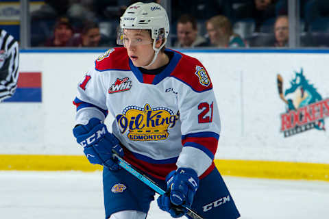 KELOWNA, BC – NOVEMBER 26: Jake Neighbours #21 of the Edmonton Oil Kings skates against the Kelowna Rockets at Prospera Place on November 26, 2019 in Kelowna, Canada. (Photo by Marissa Baecker/Getty Images)