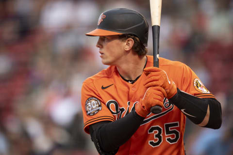 BOSTON, MA – MAY 28: Adley Rutschman #35 of the Baltimore Orioles bats during the first inning of game two of a doubleheader against the Boston Red Sox on May 28, 2022 at Fenway Park in Boston, Massachusetts. (Photo by Maddie Malhotra/Boston Red Sox/Getty Images)