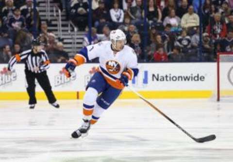 Dec 12, 2015; Columbus, OH, USA; New York Islanders defenseman Travis Hamonic (3) against the Columbus Blue Jackets at Nationwide Arena. The Islanders won 3-2 in overtime. Mandatory Credit: Aaron Doster-USA TODAY Sports