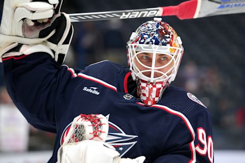 COLUMBUS, OHIO – SEPTEMBER 24: Elvis Merzlikins #90 of the Columbus Blue Jackets skates prior to the game against the Pittsburgh Penguins at Nationwide Arena on September 24, 2023 in Columbus, Ohio. (Photo by Jason Mowry/Getty Images)