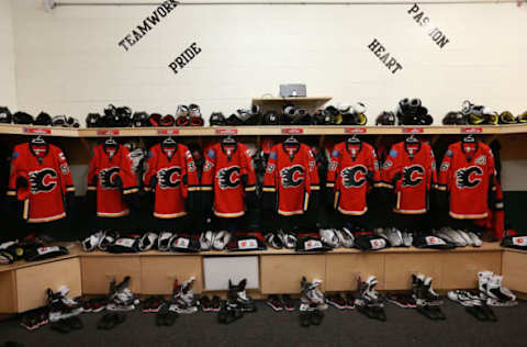 SYLVAN LAKE, CANADA – SEPTEMBER 24: The Calgary Flames locker room prior to facing the Arizona Coyotes during Day 4 of NHL Kraft Hockeyville at Fox Run School on September 24, 2014 in Sylvan Lake, Alberta, Canada. (Photo by Dave Sandford/NHLI via Getty Images)