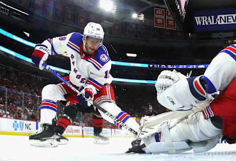 RALEIGH, NORTH CAROLINA – MAY 26: Andrew Copp #18 of the New York Rangers skates against the Carolina Hurricanes in Game Five of the Second Round of the 2022 Stanley Cup Playoffs at PNC Arena on May 26, 2022 in Raleigh, North Carolina. (Photo by Bruce Bennett/Getty Images)