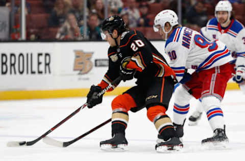 ANAHEIM, CA – NOVEMBER 01: Pontus Aberg #20 of the Anaheim Ducks skates away from Vladislav Namestnikov #90 of the New York Rangers during the first period of a game at Honda Center on November 1, 2018, in Anaheim, California. (Photo by Sean M. Haffey/Getty Images)