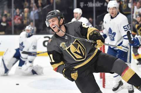 LAS VEGAS, NV – DECEMBER 31: Jonathan Marchessault #81 of the Vegas Golden Knights celebrates after scoring a goal against the Toronto Maple Leafs during the game at T-Mobile Arena on December 31, 2017, in Las Vegas, Nevada. (Photo by David Becker/NHLI via Getty Images)