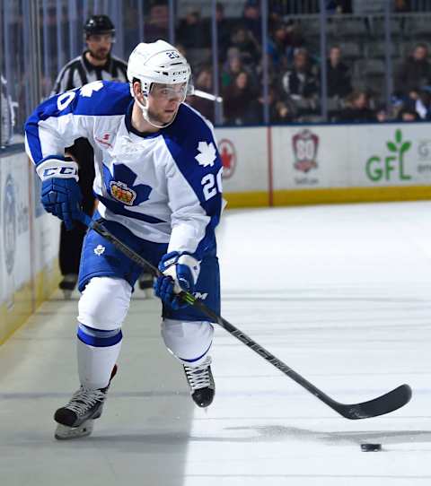 TORONTO, ON – JANUARY 3: Ryan Rupert #20 of the Toronto Marlies carries the puck up ice against the Syracuse Crunch during AHL game action January 3, 2016 at Ricoh Coliseum in Toronto, Ontario, Canada. (Photo by Graig Abel/Getty Images)