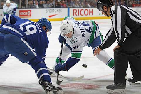 TORONTO, ON – FEBRUARY 29: Elias Pettersson #40 of the Vancouver Canucks takes a faceoff against Jason Spezza #19 of the Toronto Maple Leafs during an NHL game at Scotiabank Arena on February 29, 2020 in Toronto, Ontario, Canada. The Maple Leafs defeated the Canucks 4-2. (Photo by Claus Andersen/Getty Images)