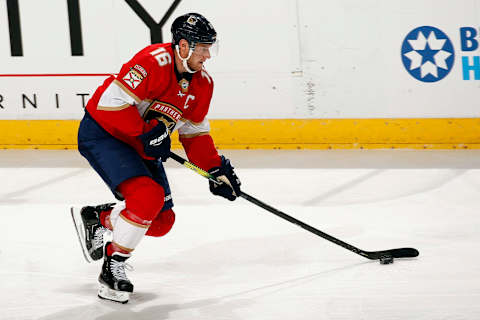 SUNRISE, FL – DECEMBER 3: Aleksander Barkov #16 of the Florida Panthers skates with the puck against the Minnesota Wild at the BB&T Center on December 3, 2019 in Sunrise, Florida. (Photo by Eliot J. Schechter/NHLI via Getty Images)