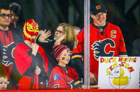 Feb 15, 2016; Calgary, Alberta, CAN; Calgary Flames fans during the warmup period between the Calgary Flames and the Anaheim Ducks at Scotiabank Saddledome. Mandatory Credit: Sergei Belski-USA TODAY Sports