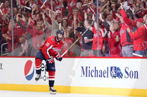 WASHINGTON, DC – APRIL 20: Brett Connolly #10 of the Washington Capitals celebrates after scoring a goal in the second period against the Carolina Hurricanes in Game Five of the Eastern Conference First Round during the 2019 NHL Stanley Cup Playoffs at Capital One Arena on April 20, 2019, in Washington, DC. (Photo by Patrick McDermott/NHLI via Getty Images)