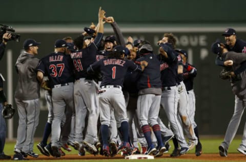 Oct 10, 2016; Boston, MA, USA; Cleveland Indians teammates celebrate after defeating the Cleveland Indians 4-3 in game three of the 2016 ALDS playoff baseball series at Fenway Park. Mandatory Credit: Greg M. Cooper-USA TODAY Sports