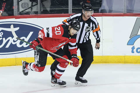 New Jersey Devils center Michael McLeod (20): (Vincent Carchietta-USA TODAY Sports)