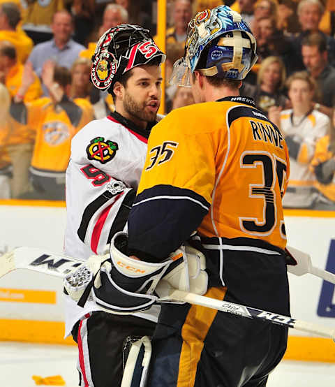 Corey Crawford #50, Chicago Blackhawks, Pekka Rinne #35, Nashville Predators (Photo by Frederick Breedon/Getty Images)