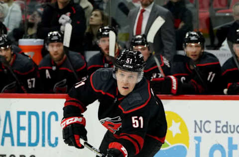 RALEIGH, NC – JANUARY 10: Jake Gardiner #51 of the Carolina Hurricanes passes the puck during an NHL game against the Arizona Coyotes on January 10, 2020 at PNC Arena in Raleigh, North Carolina. (Photo by Gregg Forwerck/NHLI via Getty Images)