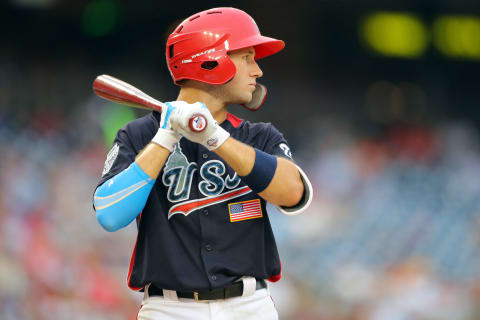 WASHINGTON, D.C. – JULY 15: Carter Kiebboom #5 of Team USA bats during the SiriusXM All-Star Futures Game at Nationals Park on Sunday, July 15, 2018 in Washington, D.C. (Photo by Alex Trautwig/MLB Photos via Getty Images)