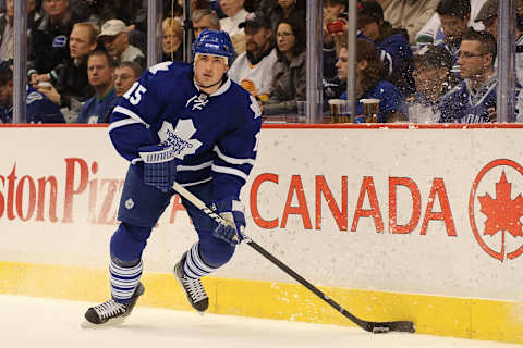 Dec 18, 2010; Vancouver, British Columbia, CANADA; Toronto Maple Leafs defenseman Tomas Kaberle (15)  . Mandatory Credit: Anne-Marie Sorvin-USA TODAY Sports