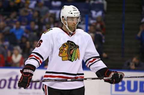 Apr 15, 2016; St. Louis, MO, USA; Chicago Blackhawks left wing Andrew Ladd (16) is seen during game two of the first round of the 2016 Stanley Cup Playoffs against the St. Louis Blues at Scottrade Center. The Blackhawks won the game 3-2. Mandatory Credit: Billy Hurst-USA TODAY Sports