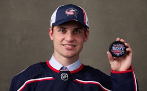 MONTREAL, QUEBEC – JULY 07: Denton Mateychuk, #12 pick by the Columbus Blue Jackets, poses for a portrait during the 2022 Upper Deck NHL Draft at Bell Centre on July 07, 2022 in Montreal, Quebec, Canada. (Photo by Minas Panagiotakis/Getty Images)