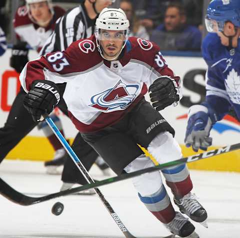 Matt Nieto of the Colorado Avalanche vs the Toronto Maple Leafs (Photo by Claus Andersen/Getty Images)