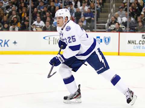 PITTSBURGH, PA – MARCH 4: Matt Carle #25 of the Tampa Bay Lightning skates against the Pittsburgh Penguins during the game at Consol Energy Center on March 4, 2013 in Pittsburgh, Pennsylvania. (Photo by Justin K. Aller/Getty Images)