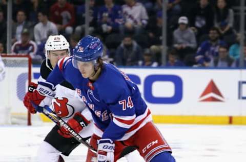 NEW YORK, NEW YORK – SEPTEMBER 18: Vitali Kravtsov #74 of the New York Rangers skates against the New Jersey Devils at Madison Square Garden on September 18, 2019 in New York City. (Photo by Bruce Bennett/Getty Images)