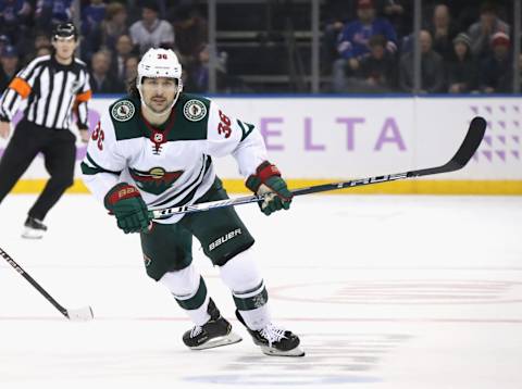 Mats Zuccarello #36 of the Minnesota Wild skates against the New York Rangers at Madison Square Garden (Photo by Bruce Bennett/Getty Images)