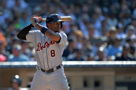 Jun 25, 2017; San Diego, CA, USA; Detroit Tigers left fielder Justin Upton (8) at bat during the ninth inning against the San Diego Padres at Petco Park. Mandatory Credit: Jake Roth-USA TODAY Sports