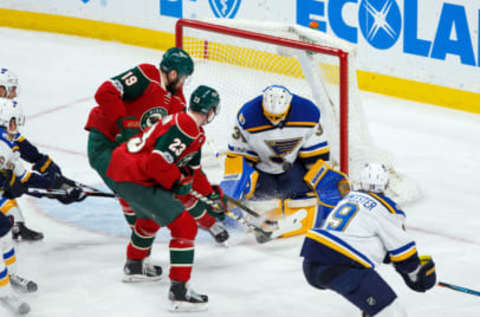 Mar 7, 2017; Saint Paul, MN, USA; St Louis Blues goalie Jake Allen (34) makes a save in the third period against the Minnesota Wild at Xcel Energy Center. The St Louis Blues beat the Minnesota Wild 2-1. Mandatory Credit: Brad Rempel-USA TODAY Sports