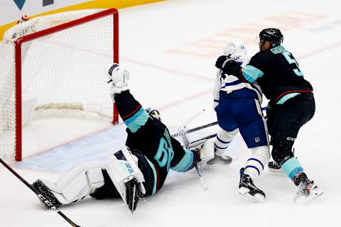 Feb 14, 2022; Seattle, Washington, USA; Toronto Maple Leafs center David Kampf (64) . Mandatory Credit: Joe Nicholson-USA TODAY Sports