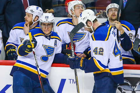 Steve Ott, Alexander Steen, Jay Bouwmeester, David Backes and Patrik Berglund of the St. Louis Blues. Mandatory Credit: Sergei Belski-USA TODAY Sports