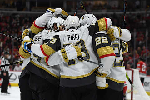 CHICAGO, ILLINOIS – OCTOBER 22: Members of the Vegas Golden Knights celebrate a goal by Nick Holden #22 during the third period against the Chicago Blackhawks at the United Center on October 22, 2019 in Chicago, Illinois. (Photo by Stacy Revere/Getty Images)