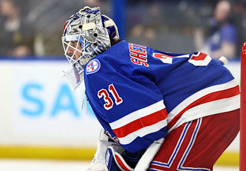 Mar 19, 2022; Tampa, Florida, USA; New York Rangers goaltender Igor Shesterkin (31) looks on against the Tampa Bay Lightning during the second period at Amalie Arena. Mandatory Credit: Kim Klement-USA TODAY Sports