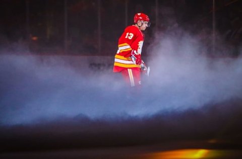 Oct 14, 2016; Calgary, Alberta, CAN; Calgary Flames left wing Johnny Gaudreau (13) takes the ice against Edmonton Oilers before the game at Scotiabank Saddledome. Mandatory Credit: Sergei Belski-USA TODAY Sports