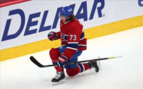 May 29, 2021; Montreal, Quebec, CAN; Montreal Canadiens right wing Tyler Toffoli (73) celebrates his goal against Toronto Maple Leafs during the third period in game six of the first round of the 2021 Stanley Cup Playoffs at Bell Centre. Mandatory Credit: Jean-Yves Ahern-USA TODAY Sports