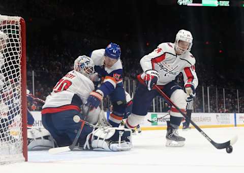 UNIONDALE, NEW YORK – JANUARY 18: Casey Cizikas #53 of the New York Islanders skates in on Braden Holtby #70 of the Washington Capitals at NYCB Live’s Nassau Coliseum on January 18, 2020 in Uniondale, New York. The Capitals defeated the Islanders 6-4. (Photo by Bruce Bennett/Getty Images)