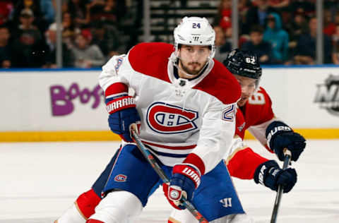 SUNRISE, FL – DECEMBER 28: Phillip Danault #24 of the Montreal Canadiens skates with the puck against Denis Malgin #62 of the Florida Panthers at the BB&T Center on December 28, 2018 in Sunrise, Florida. (Photo by Eliot J. Schechter/NHLI via Getty Images)