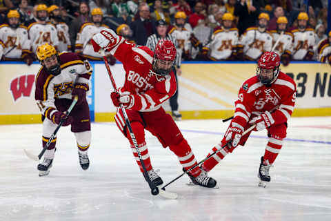 Apr 6, 2023; Tampa, Florida, USA; Boston University forward Luke Tuch. Mandatory Credit: Nathan Ray Seebeck-USA TODAY Sports