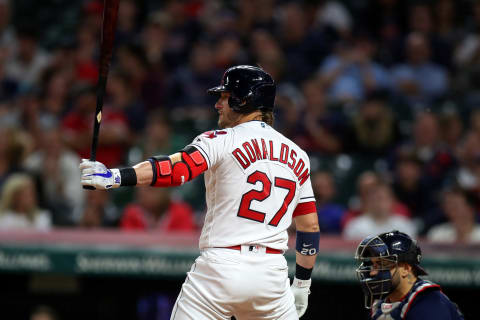 CLEVELAND, OH – SEPTEMBER 21: Cleveland Indians third baseman Josh Donaldson (27) at bat during the seventh inning of the Major League Baseball game between the Boston Red Sox and Cleveland Indians on September 21, 2018, at Progressive Field in Cleveland, OH. (Photo by Frank Jansky/Icon Sportswire via Getty Images)