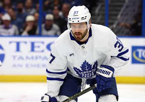 Apr 11, 2023; Tampa, Florida, USA; Toronto Maple Leafs defenseman Timothy Liljegren (37) against the Tampa Bay Lightning during the first period at Amalie Arena. Mandatory Credit: Kim Klement-USA TODAY Sports