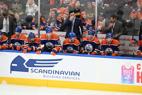 May 14, 2023; Edmonton, Alberta, CAN; Edmonton Oilers head coach Jay Woodcroft looks on from the players bench during the second period against the Vegas Golden Knights in game six of the second round of the 2023 Stanley Cup Playoffs at Rogers Place. Mandatory Credit: Walter Tychnowicz-USA TODAY Sports