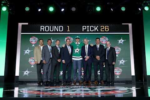 CHICAGO, IL – JUNE 23: Jake Oettinger poses for photos after being selected 26th overall by the Dallas Stars during the 2017 NHL Draft at the United Center on June 23, 2017 in Chicago, Illinois. (Photo by Bruce Bennett/Getty Images)