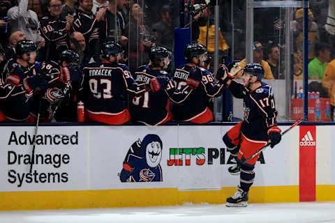 Oct 20, 2022; Columbus, Ohio, USA; Columbus Blue Jackets right wing Justin Danforth (17) celebrates with teammates on the bench after scoring a goal against the Nashville Predators in the third period at Nationwide Arena. Mandatory Credit: Aaron Doster-USA TODAY Sports